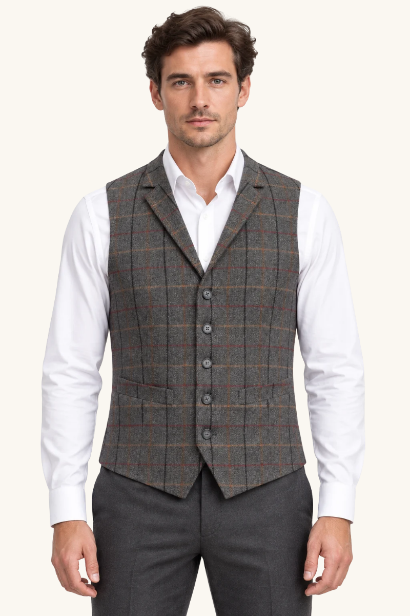 Heren Geruit Gilet met Revers en Knoopsluiting