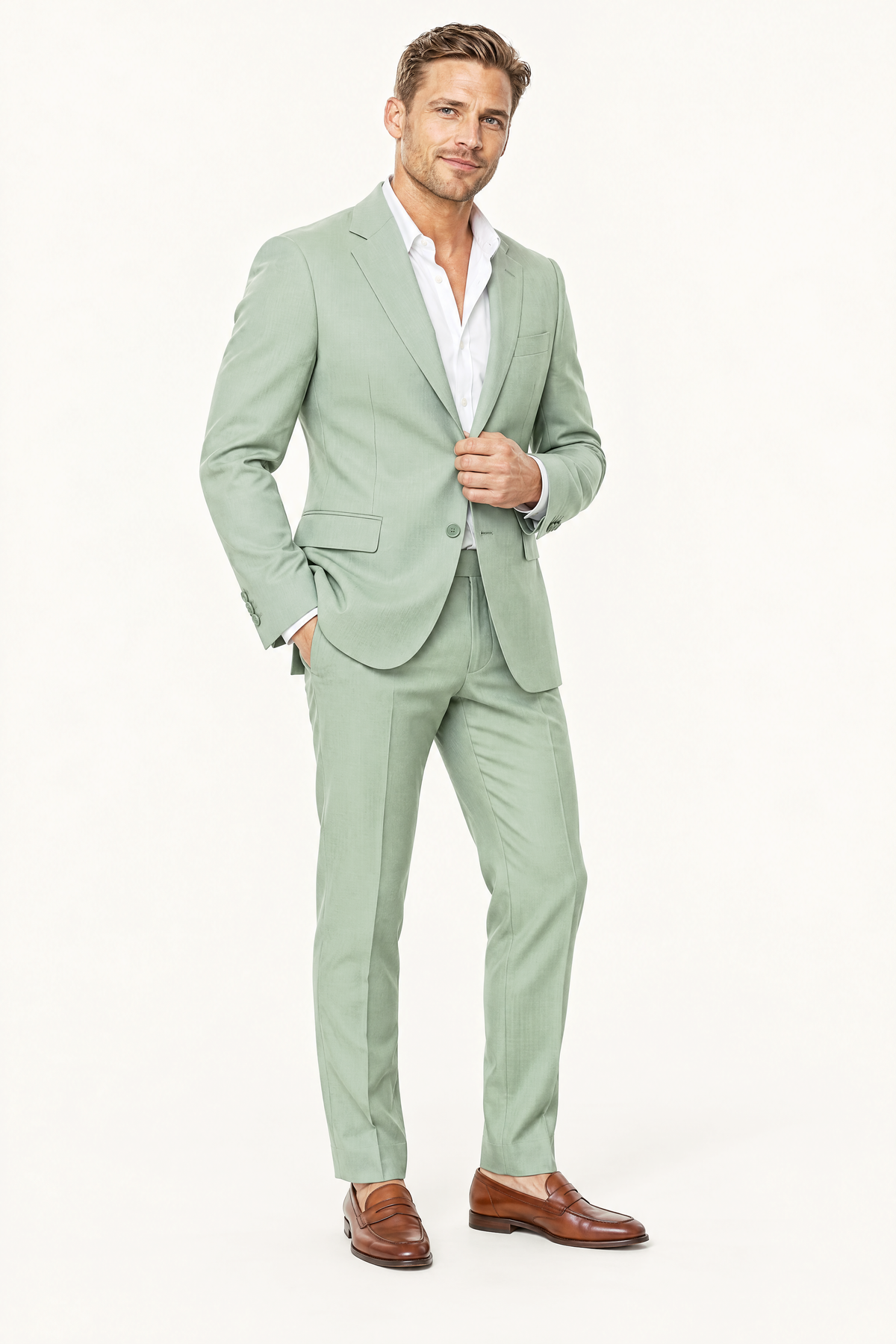 Tuscany Green Suit — volledig pak op model, vooraanzicht