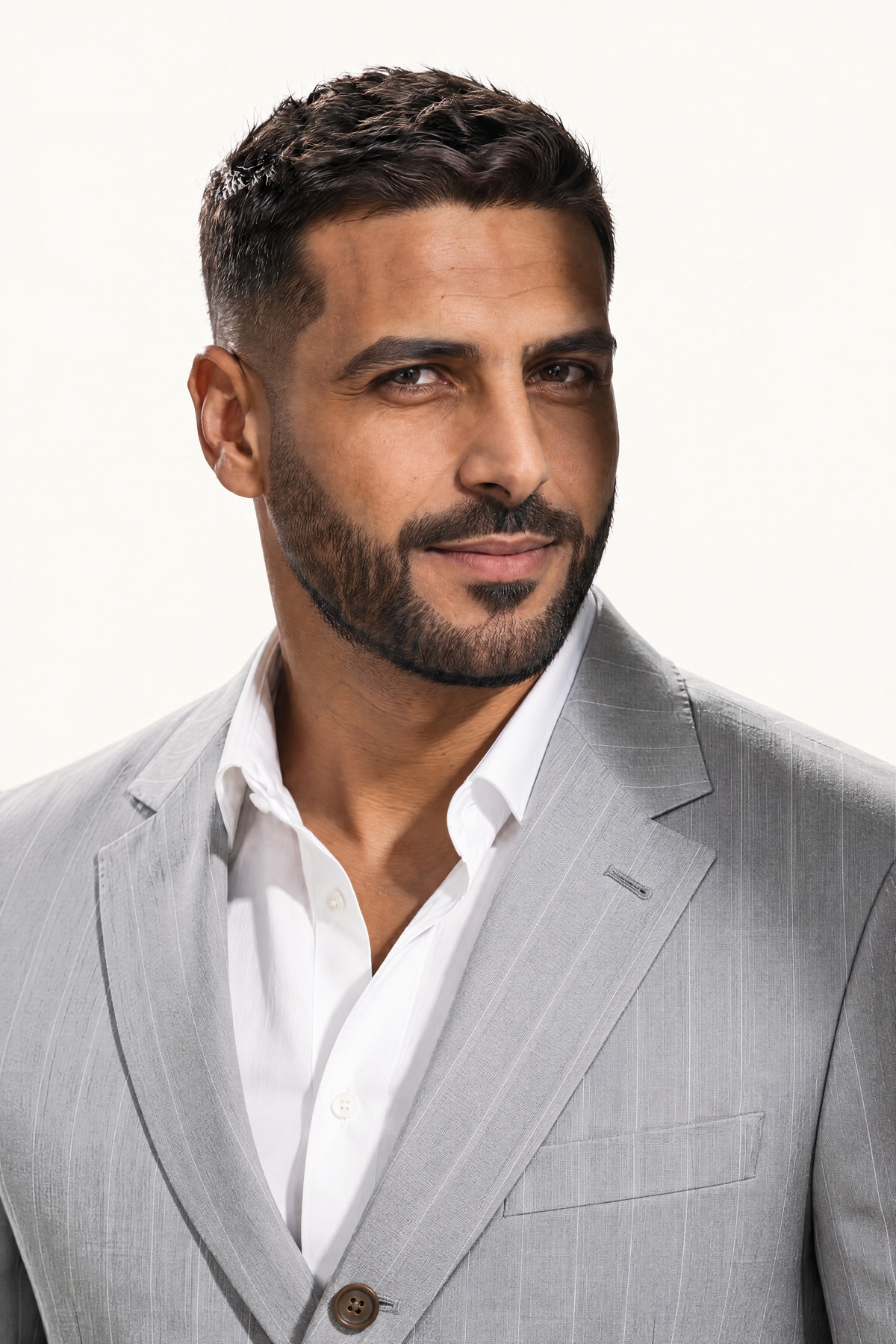 Tuscany Grigio Banda Suit — colbert op model, detail bovenlichaam