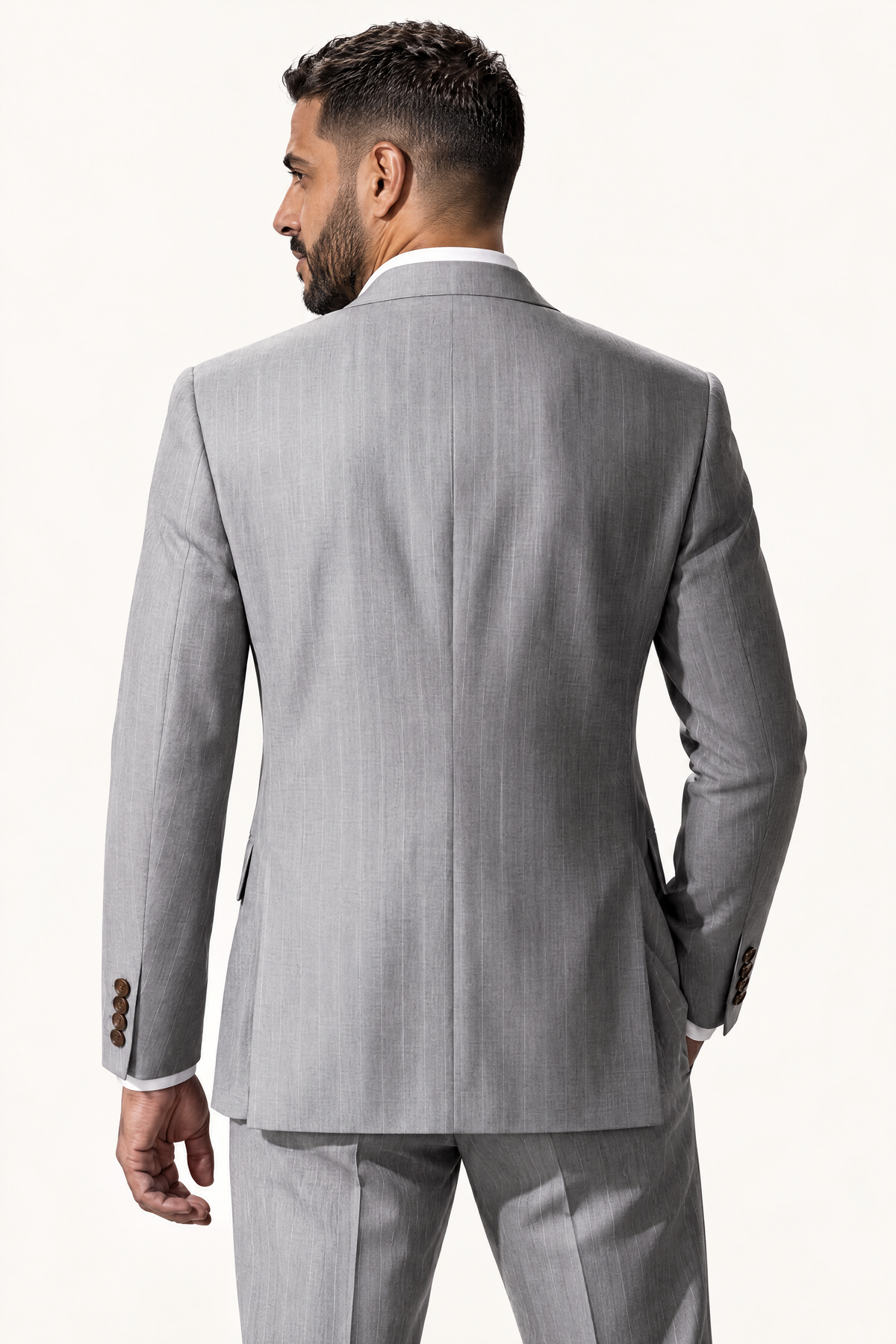 Tuscany Grigio Banda Suit — colbert op model, achteraanzicht