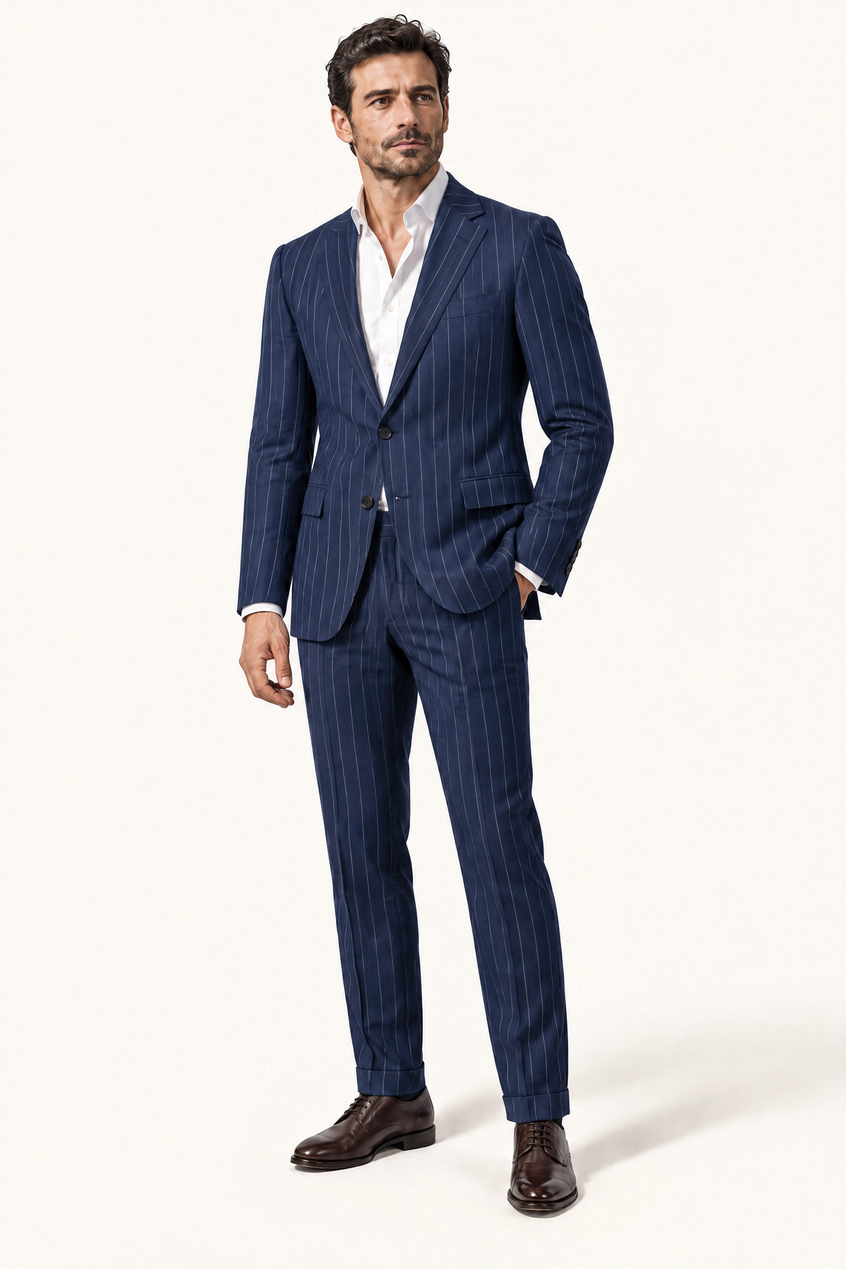 Tuscany Navy Blue Banda Suit — volledig pak op model, vooraanzicht