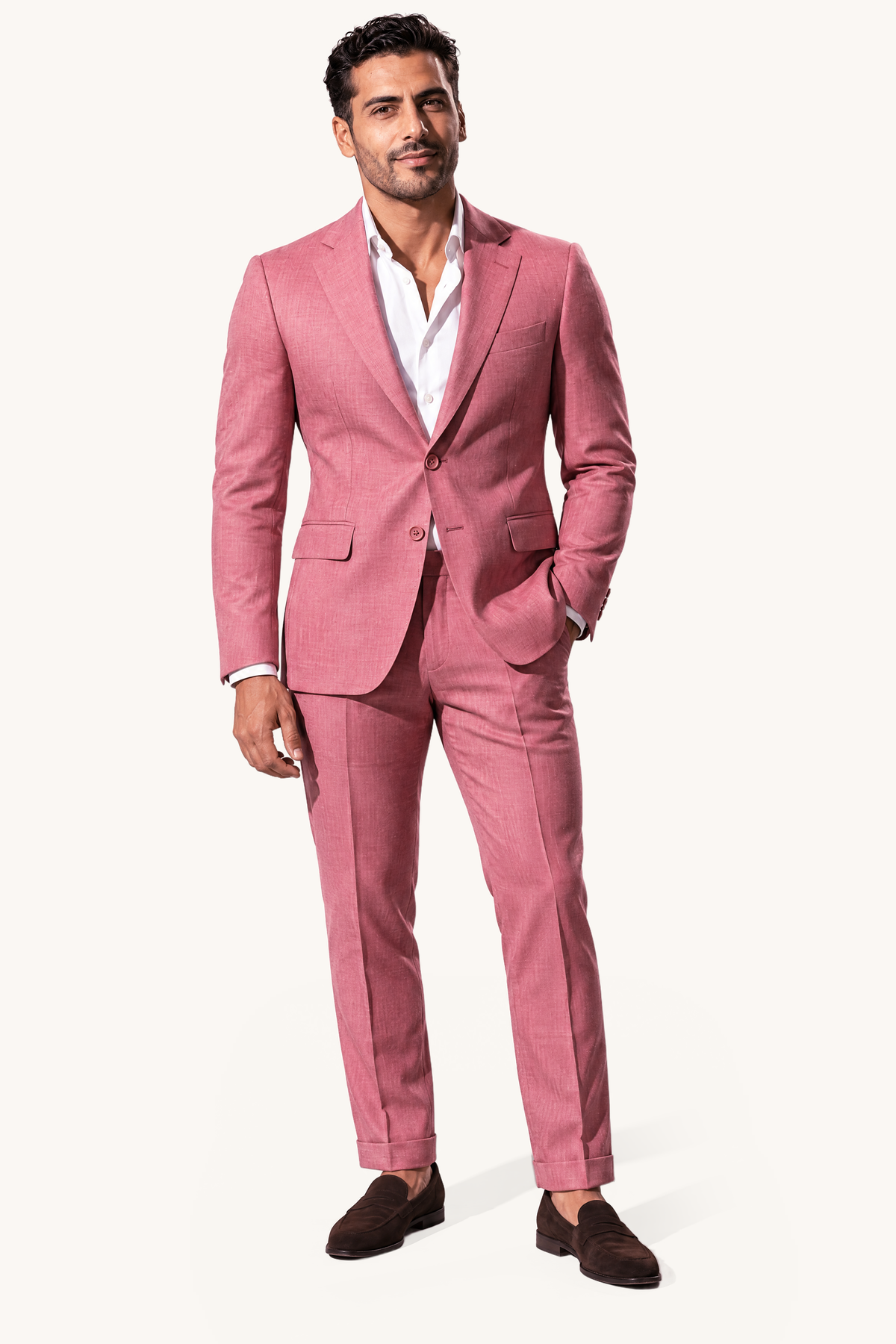 Tuscany Pink Suit — volledig pak op model, vooraanzicht