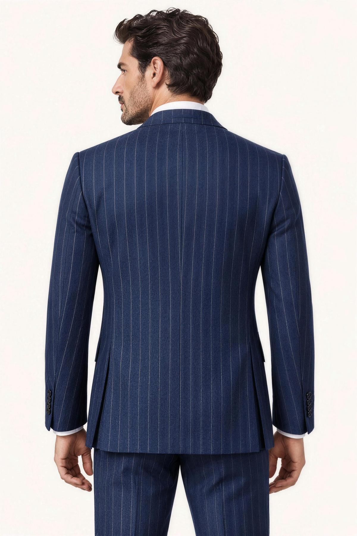 Tuscany Navy Blue Banda Suit — colbert op model, achteraanzicht