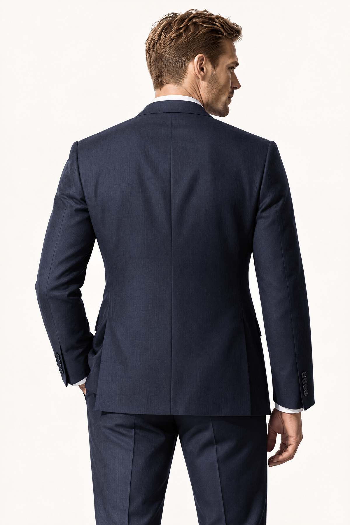Tuscany Dark Blue Suit — colbert op model, achteraanzicht
