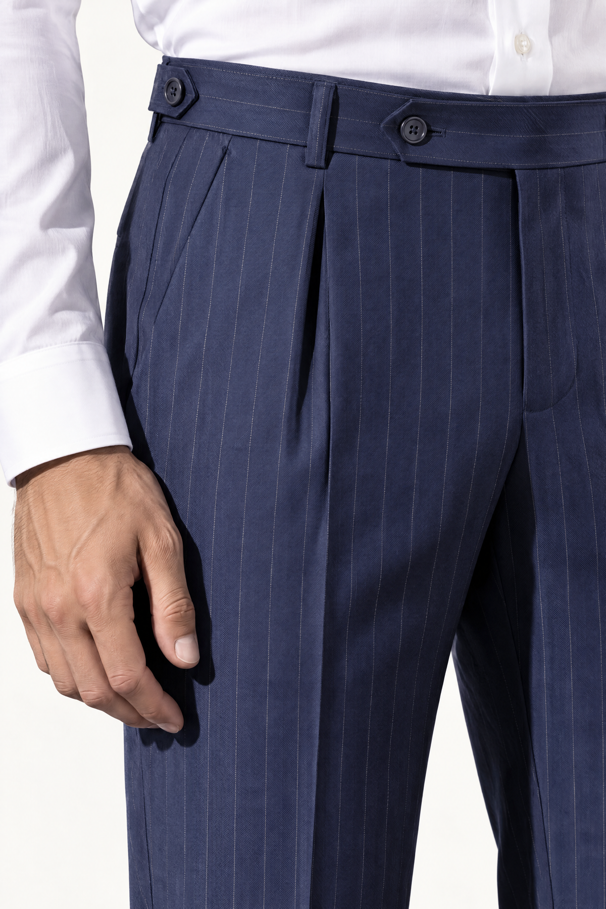 Tuscany DB Dark Blue Banda Suit — taille met bandplooi en sluiting