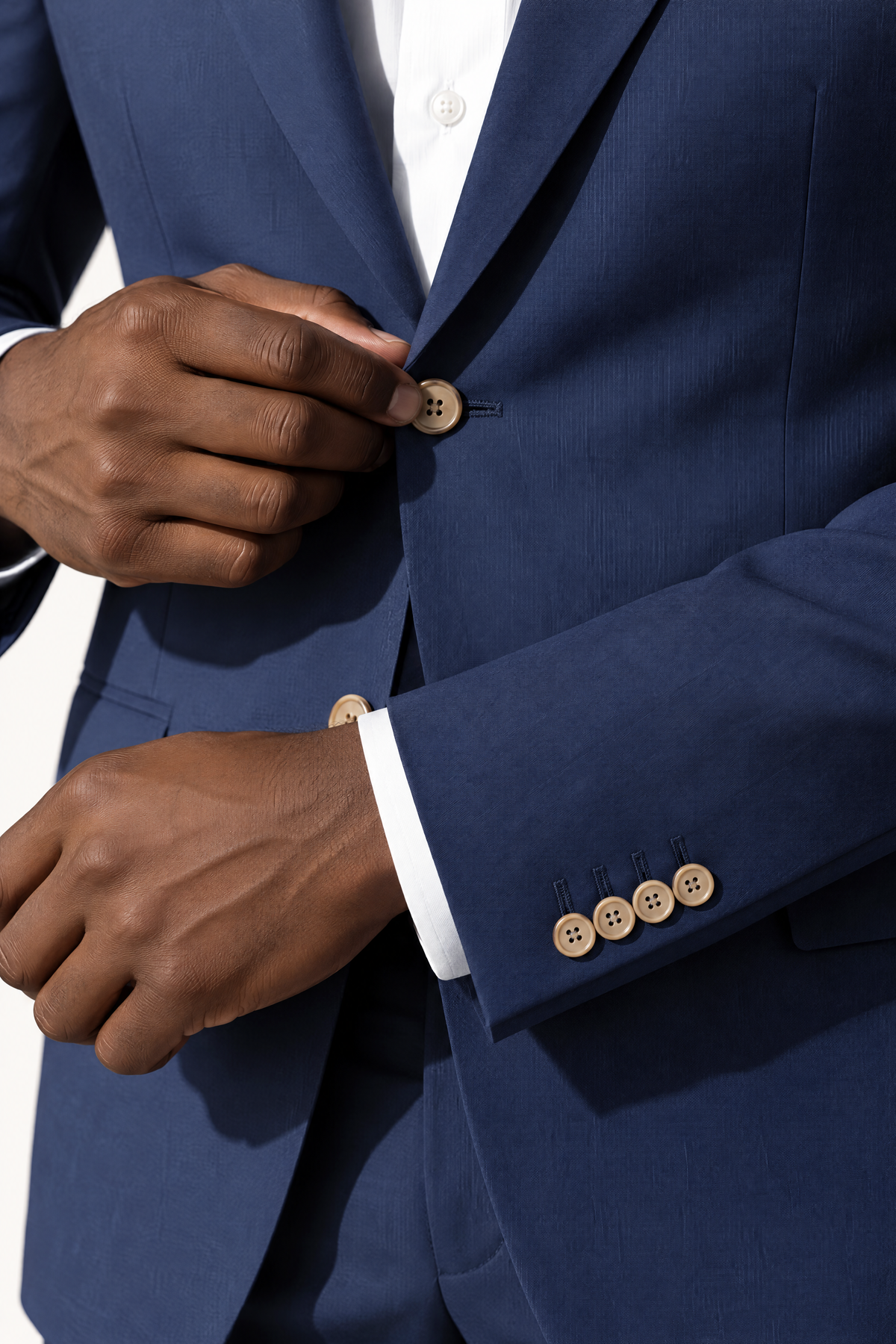 Tuscany Marine Blue Suit — mouwafwerking met kissing buttons