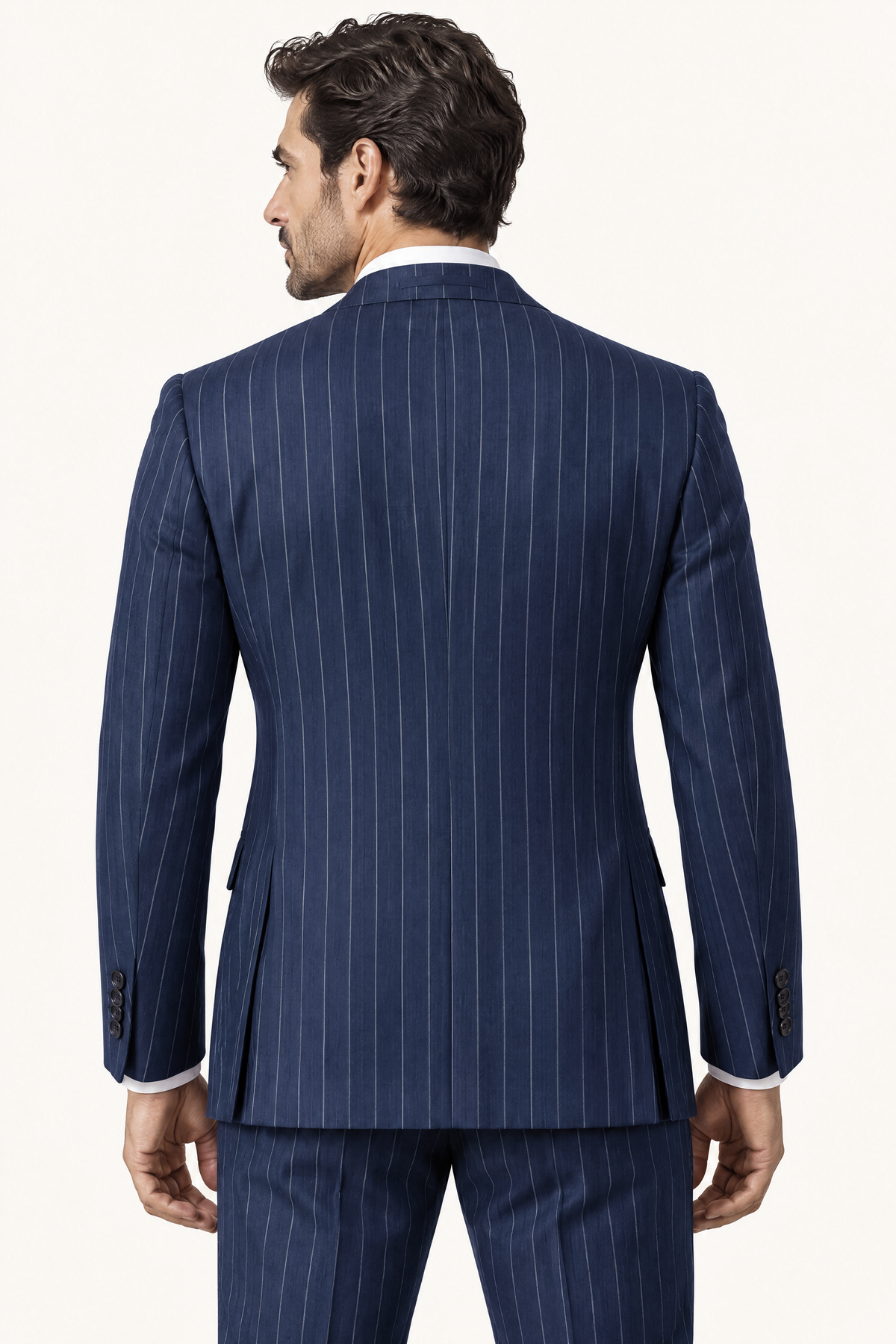 Tuscany Navy Blue Banda Suit — colbert op model, achteraanzicht