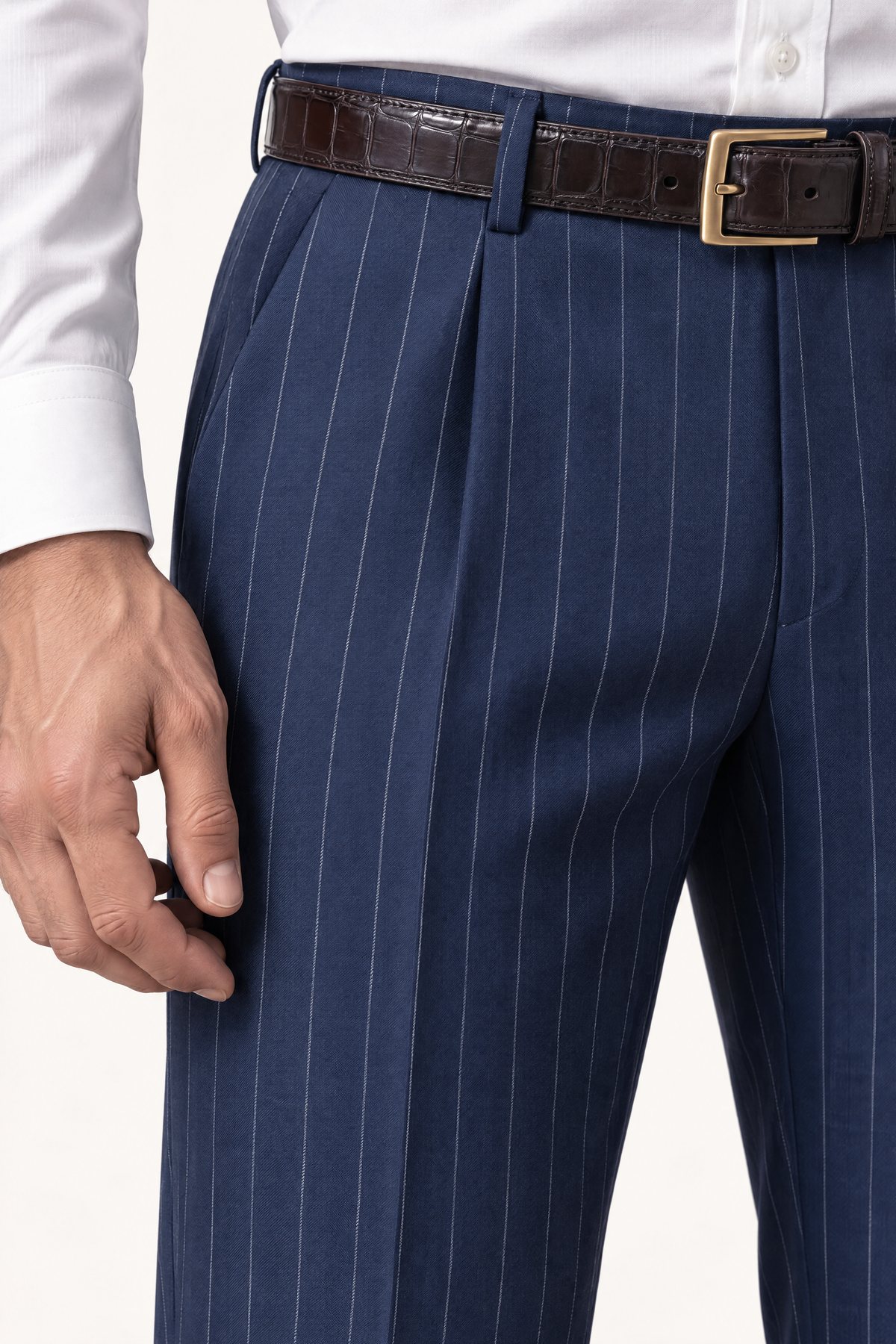 Tuscany Navy Blue Banda Suit — taille met bandplooi en sluiting