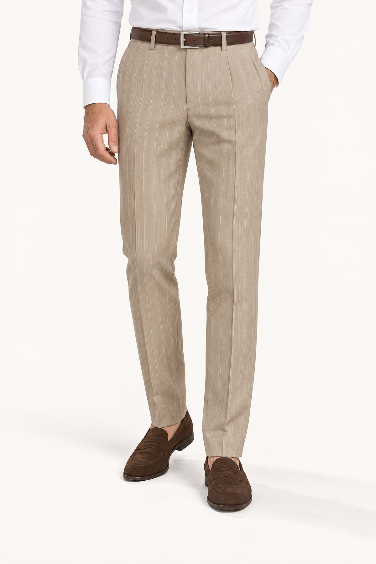 Tuscany Sand Banda Suit — pantalon op model, vooraanzicht