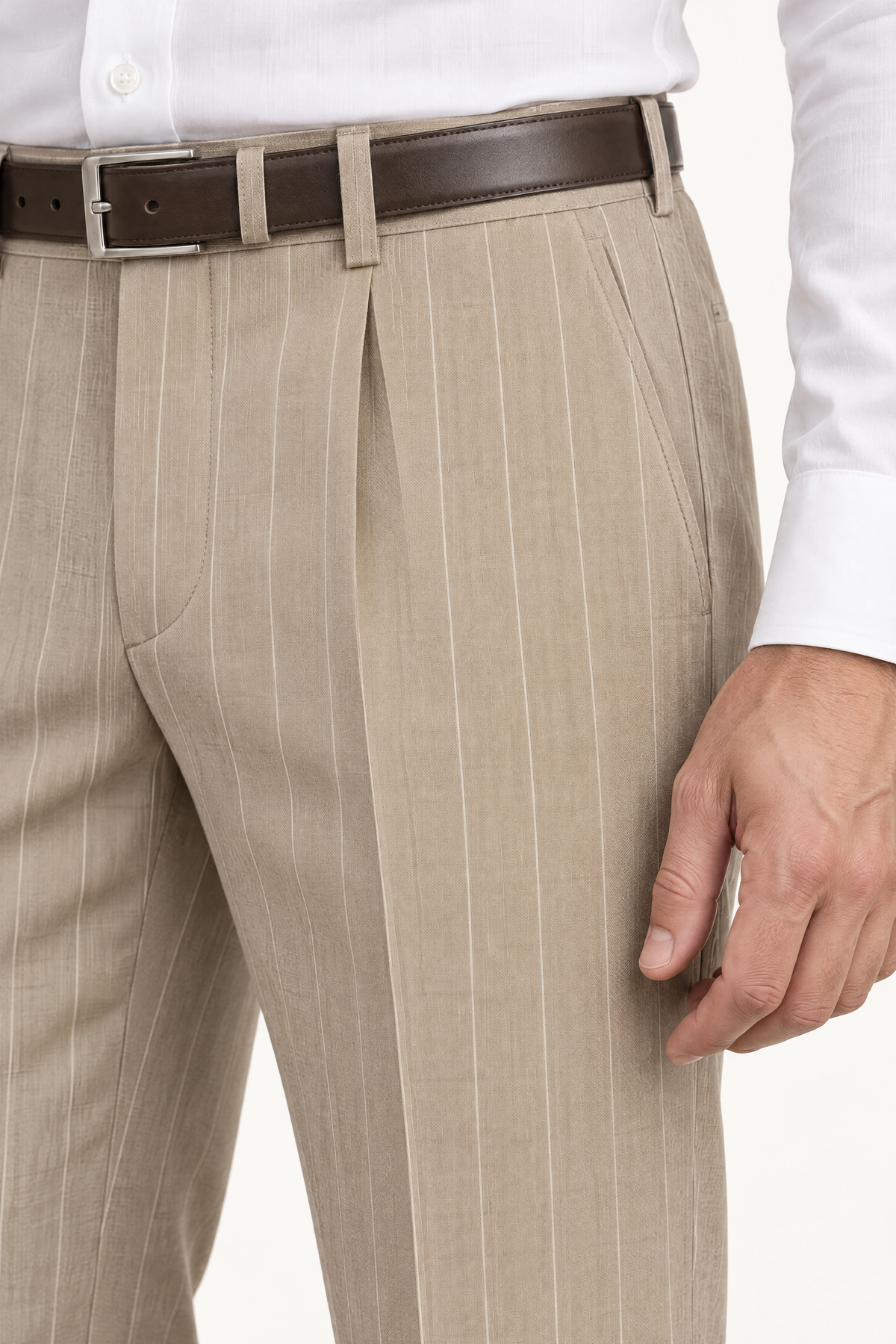 Tuscany Sand Banda Suit — taille met bandplooi en sluiting