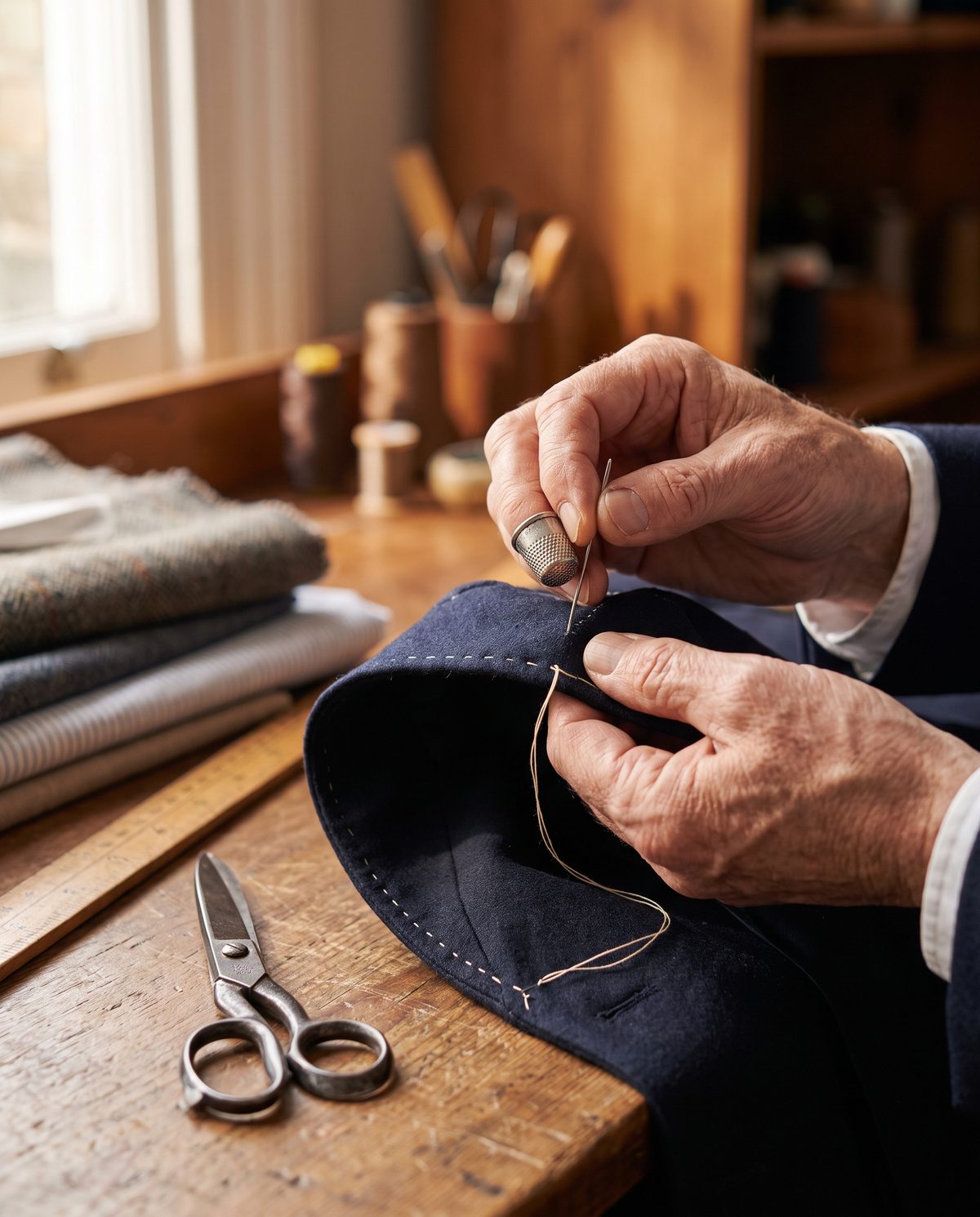 Een kleermaker werkt een colbert met de hand af