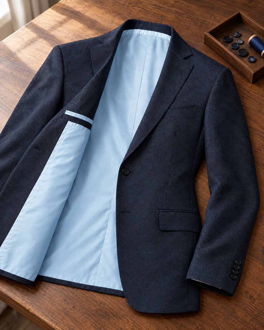 Een opengeslagen donkerblauw colbert met lichtblauwe voering en losse knopen
