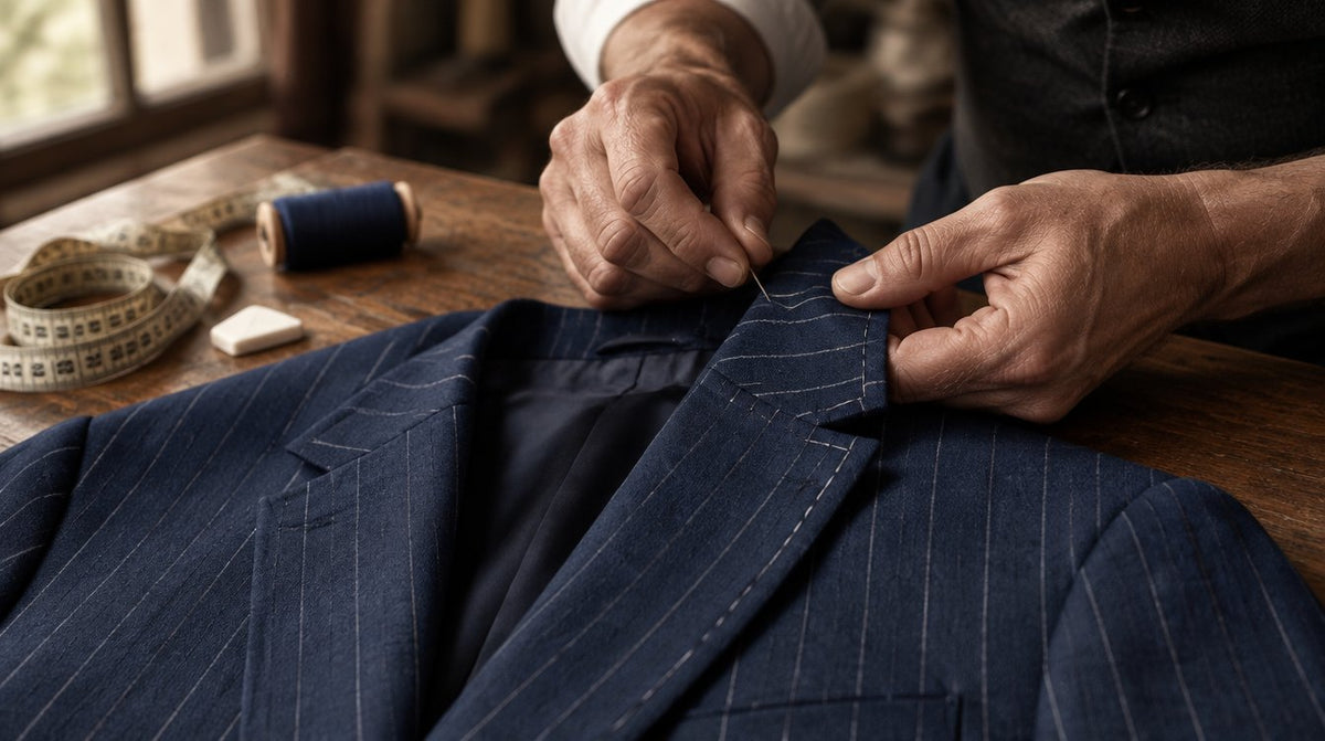 Een kleermaker naait de revers van een marineblauw krijtstreeppak met de hand