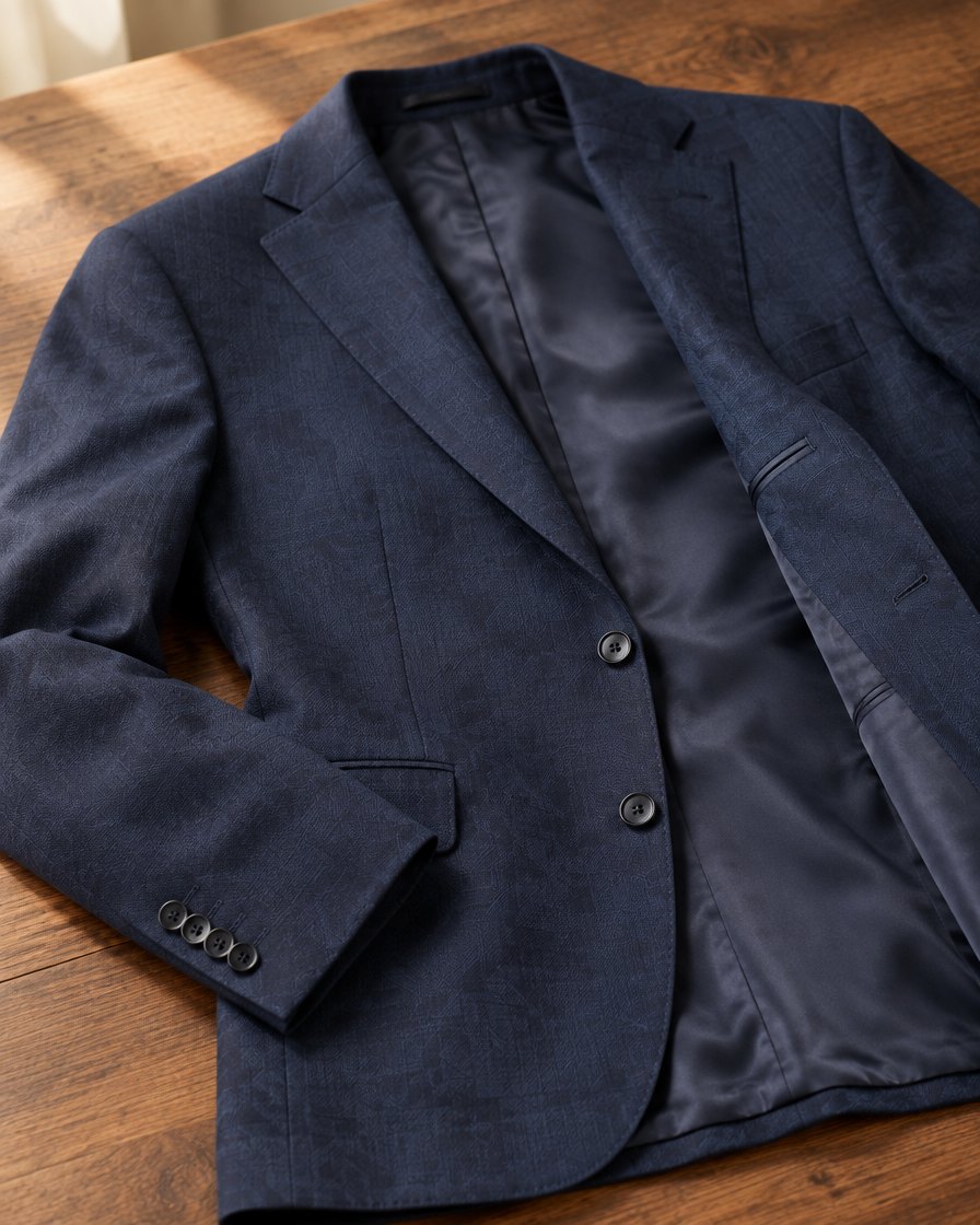 Detail van een donkerblauw colbert met mouwknopen en voering