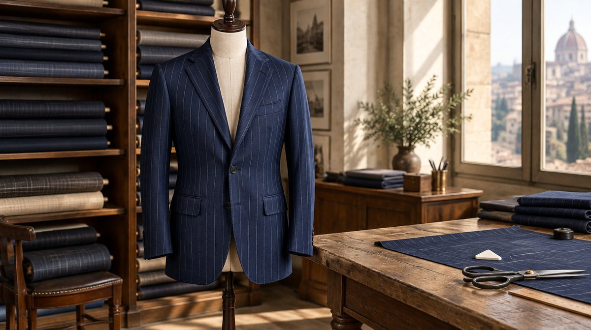 Een marineblauw krijtstreepcolbert op een paspop in een Italiaans maatatelier