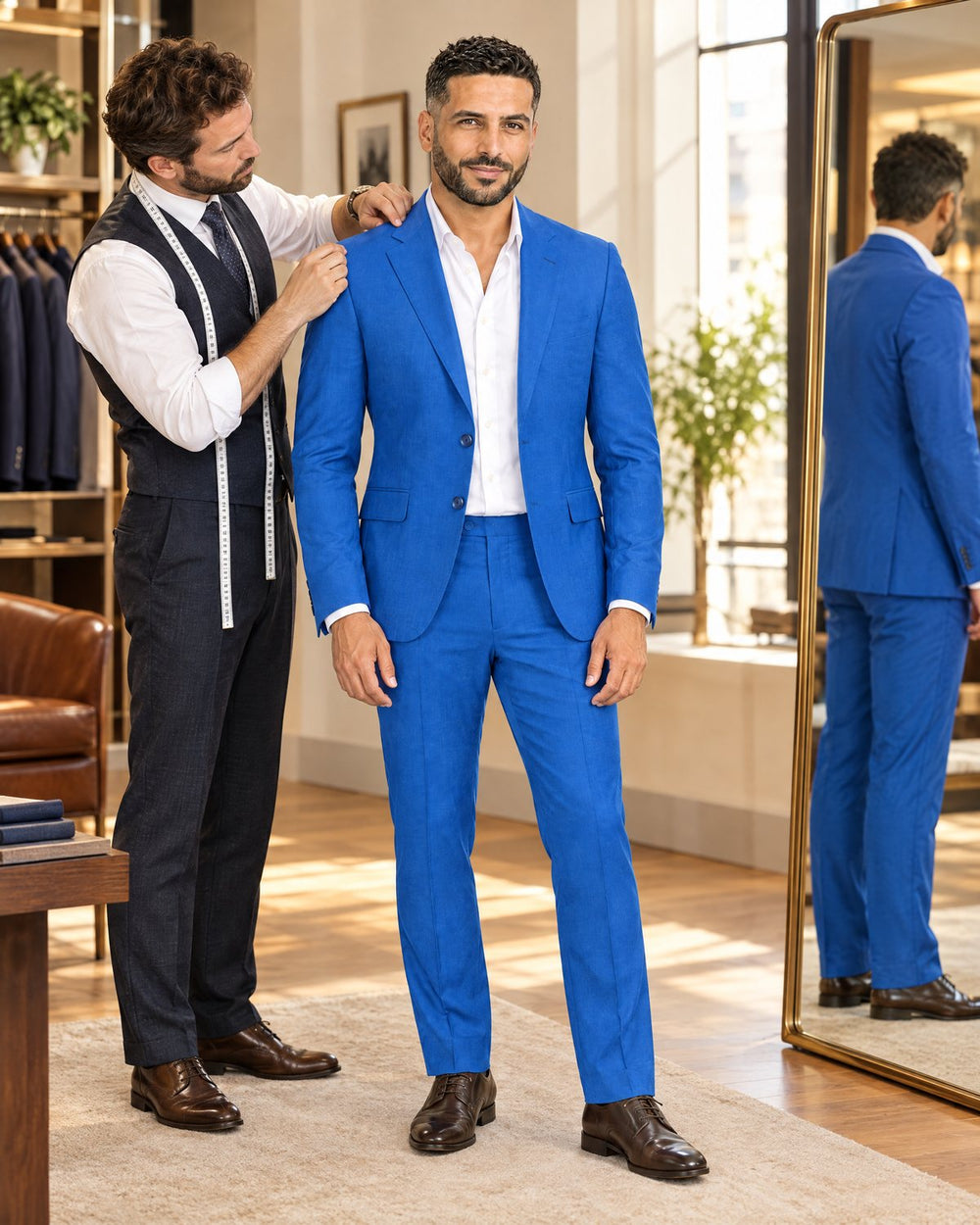 Een bruidegom in een royal blue pak bij de spiegel terwijl de kleermaker de pasvorm controleert