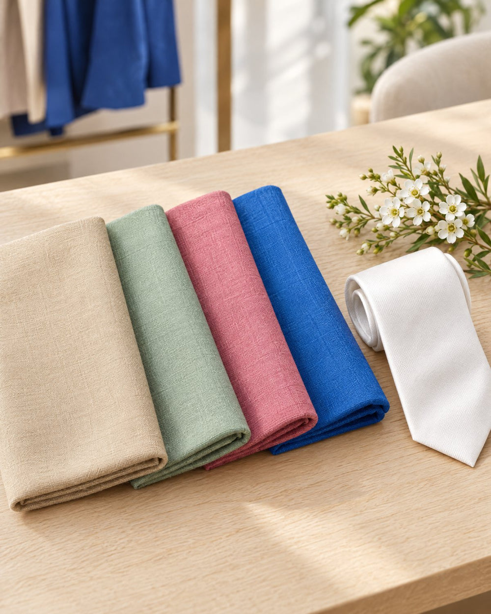 Stalen wol in zand, groen, oud rosé en royal blue met een witte das